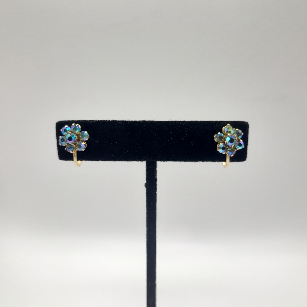 Vintage Gold Tone Blue Crystal Flower Clip-On Screw Back Earrings